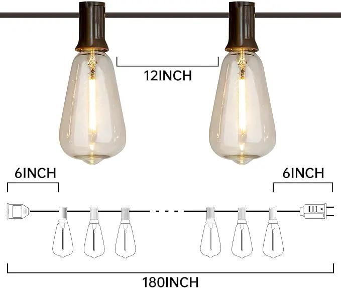 Vanthylit Outdoor String Lights, 15 FT Patio String Lights with LED Filament Bulb Waterproof Lights Retro Vintage Edison Bulbs for Backyard Patio Bistro Party Garden Connectable by GreenHaven Gardens