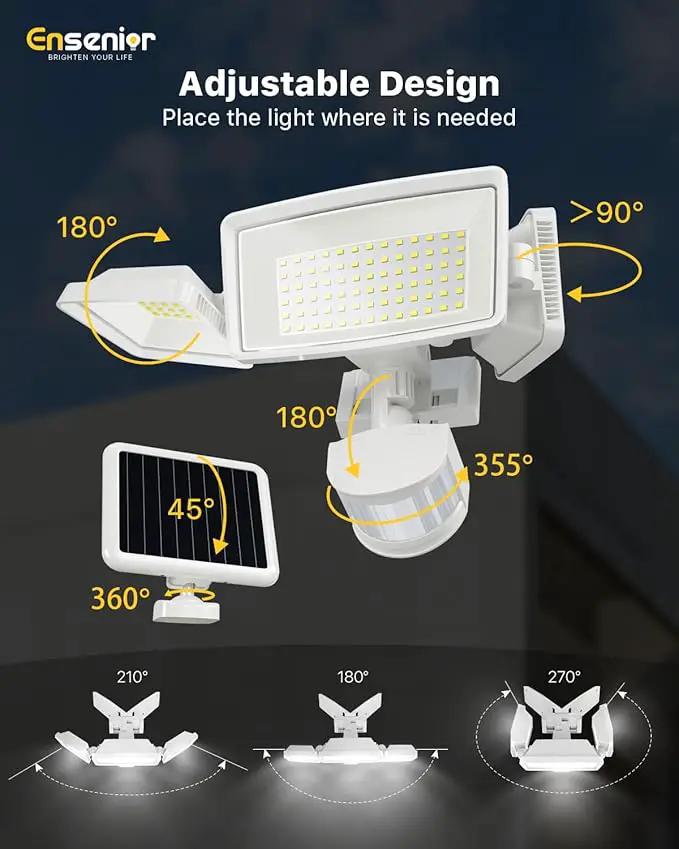 Ensenior 1800LM Solar Flood Lights Outdoor, Motion Sensor Outdoor Light 6500K, IP65 Waterproof, Separate Solar Panel, Solar Security Light with 5 Sensor Modes and 3 Adjustable Head for Yard (White) by GreenHaven Gardens