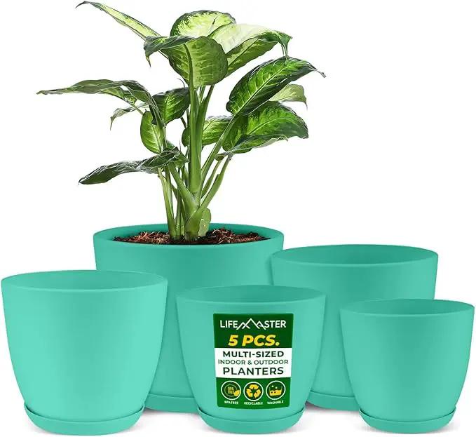 Planter Pots with Drainage Holes - Lightweight, Durable, and Space-Saving Pots for Indoor and Outdoor - Versatile Functionality, Simple Modern Design, Set of 5 Plastic Planter Pots - Aqua by GreenHaven Gardens