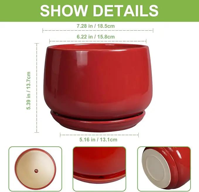 G EPGardening Ceramic Planter 7 Inch - Flower Pots for Indoor Plants, Round Planter with Drainage and Ceramic Tray, Modern Plant Pot, Bathroom Decor, Teacher Gifts, Red by GreenHaven Gardens