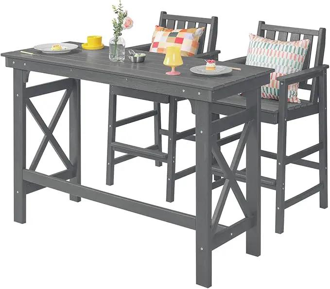 3 Pieces HDPE Outdoor Patio Bar Set, Rectangular Bar Height Table and Chairs Set, Patio Bar Stools Set, HDPE Outdoor Bar Table and Chairs Set for Balcony, Poolside, Porch, Smoke Gray by GreenHaven Gardens