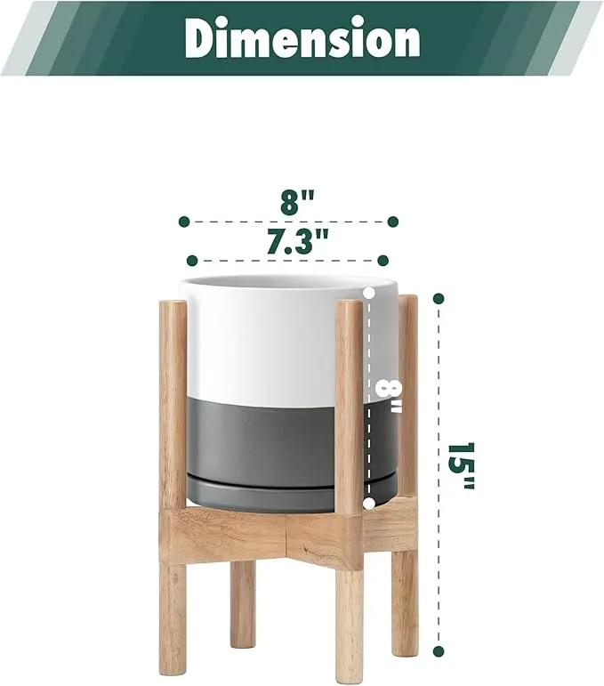 D'vine Dev Ceramic Planter with Natural Stand - 8 Inch Modern Round Flower Pot with Wood Planter Holder, White/Grey, 55-B-N-6 by GreenHaven Gardens