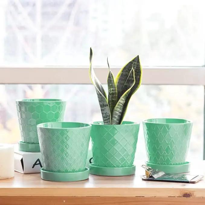 EFISPSS Ceramic Plant Pots –4”+5”+6” inch Set of 3, Planters with with Drainage Holes and Ceramic Tray, Indoor Flower Pot Gardening Home Desktop Office Windowsill Decoration Gift(Mint Green) by GreenHaven Gardens