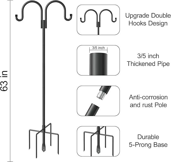 Double Shepherds Hooks for Outdoor, 2 Pack 63 Inch Bird Feeder Pole Hanger with 5 Prongs Base, Heavy Duty Bird Feeder Garden Hook for Hanging Plant, Lantern, Hummingbird Feeder by GreenHaven Gardens