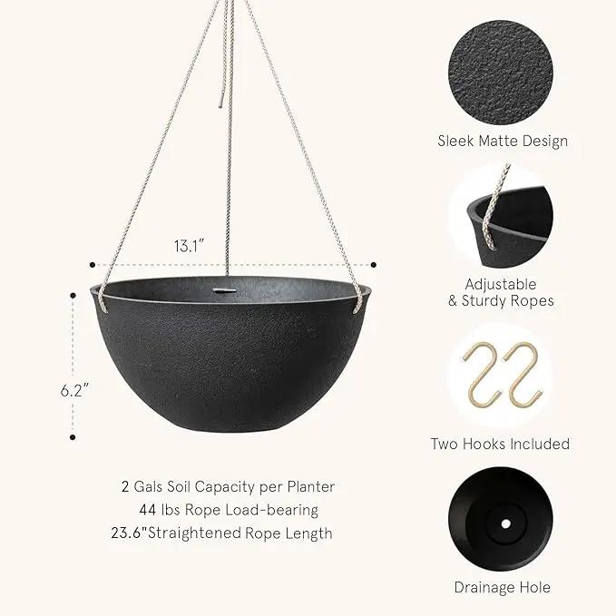 LA JOLIE MUSE Hanging Planters for Outdoor Plants, Large Hanging Planter with Drain Holes, Black Hanging Flower Pots (13.2 Inch, Set of 2) by GreenHaven Gardens