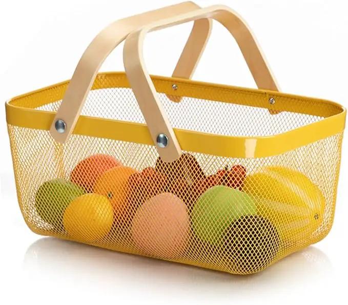 Portable Mesh Harvest Basket - Natural Bamboo Handle Foldable Organizer for Kitchen, Garden & Picnic | Ventilated Storage Bin with Rust-Proof Wire, Space-Saving Farmhouse Decor (Lemon Yellow) by GreenHaven Gardens