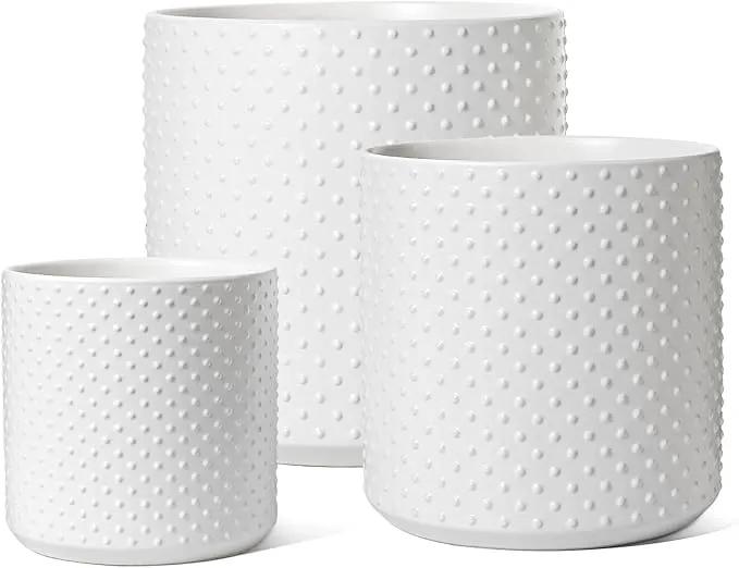 LE TAUCI Ceramic Plant Pots Indoor, 10+8+6 Inch Planters for Indoor Plants, Raised Dots Flower Pots with Drainage Hole and Plug, Cylinder Round Planters, Set of 3, White by GreenHaven Gardens
