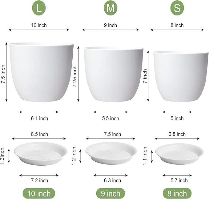 10/9/8 inch Medium Flower Pots, 3 Pack Modern Decorative Plastic Planters with Drainage Holes and Tray, Plant Pots for Indoor Outdoor Plants, White by GreenHaven Gardens
