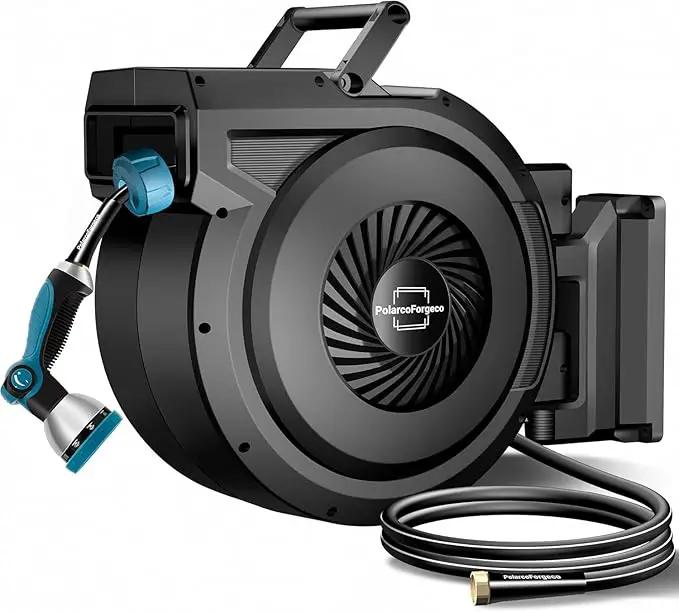 Retractable Garden Hose Reel - 5/8 inch x 80 ft Wall Mounted Hose Reel with 10 Pattern Nozzle & Any Length Lock, Heavy Duty Water Hose Supports Automatic Rewind & 180° Swivel, Black by GreenHaven Gardens
