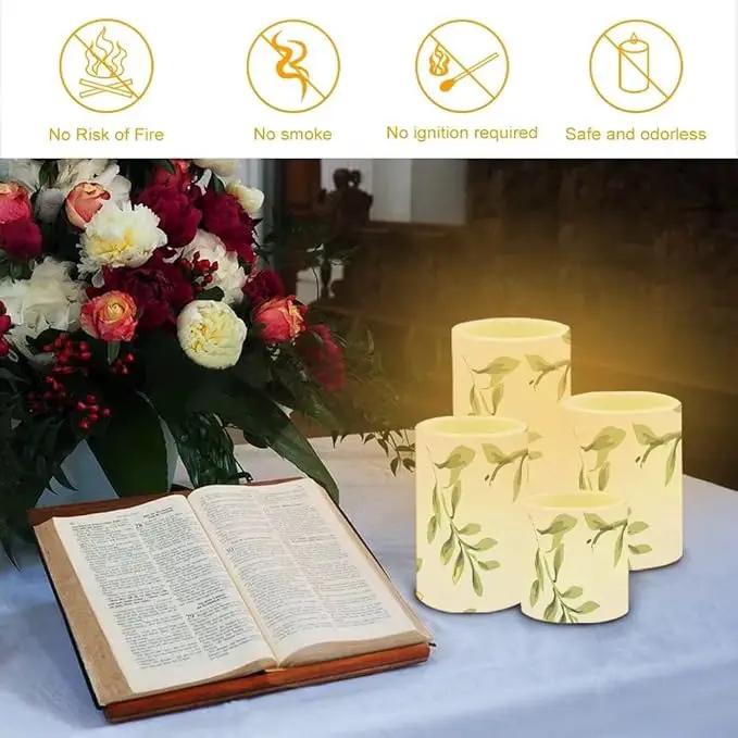 Green Leaves Flameless Candles Battery Operated Candles Set of 4 with 18-Key Remote Control Timer Dancing Flame Pillar Candles for Home Beach Hotel by GreenHaven Gardens