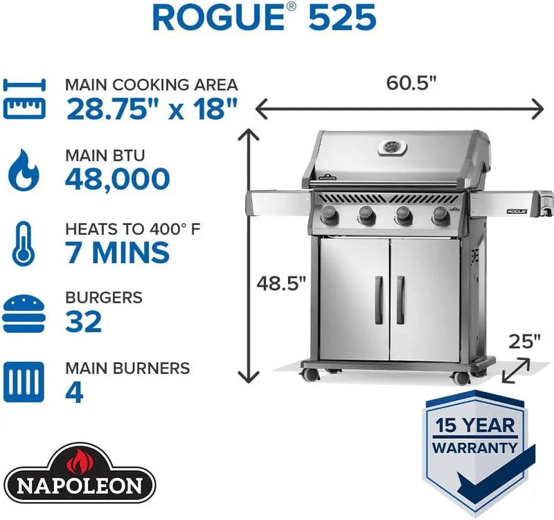 Napoleon Rogue 525 Natural Gas Grill, Stainless Steel, Durable 4-Burner Gas Grill by GreenHaven Gardens