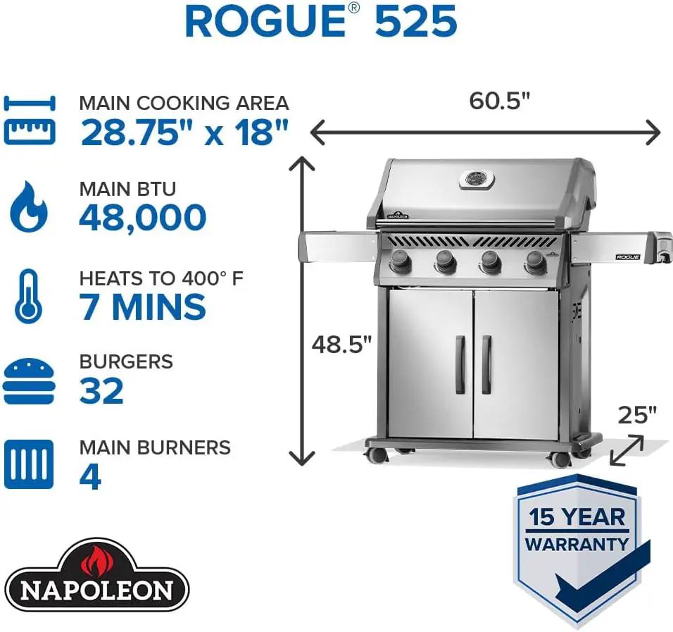 Napoleon Rogue 525 Propane Gas Grill, Stainless Steel, Durable 4-Burner Outdoor BBQ by GreenHaven Gardens