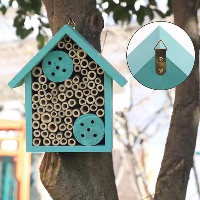 Mason Bee Houses Outdoor Wooden Blue Bee Hotel for Garden and Yard Hand-Made Bamboo Bee Hive for Bees Butterflies and Ladybugs, Medium Size 8"x7.5"x5" by GreenHaven Gardens