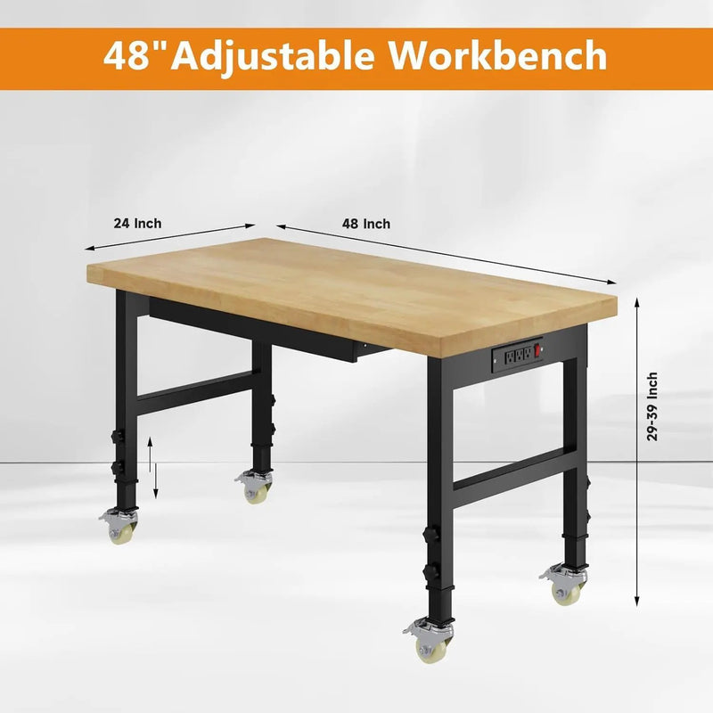 48" Work Bench with Drawers, Adjustable Height Workbench with Wheels, Heavy-Duty Work Table with Power Outlets, 2000 LBS Capacity Workstation for Garage, Workshop, Office, Home by GreenHaven Gardens