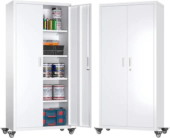 73" H Metal Garage Storage Cabinet with Wheels,Rolling Tool Storage Cabinet with 2 Doors and 4 Adjustable Shelves for Garage,Home,Office,Warehouse,Workshop, Required-Assembly,White by GreenHaven Gardens