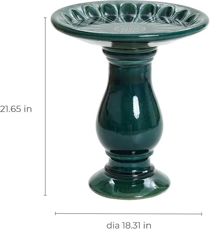 LuxenHome 22 Inch Ceramic Bird Bath for Outside, Elegant Tall Outdoor Bird Bath, Lightweight Pedestal Glazed Birdbaths for Outdoors with Floral Pattern, Dark Green by GreenHaven Gardens