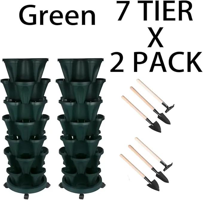 Vertical Planter 7 Tier Stackable Planters Garden Planters Strawberry Herb Flower and Vegetable Planter Indoor Outdoor Gardening Pots with Removable Wheels and Tools 2-Pack by GreenHaven Gardens