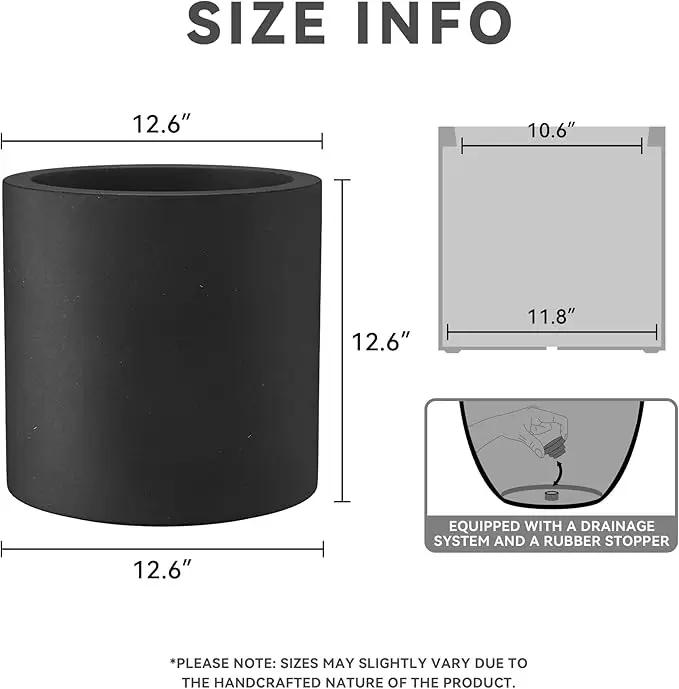 Kante 12.6" Dia Round Concrete Planter, Modern Style Large Cylindrical Plant Pot with Drainage Hole and Rubber Plug for Indoor Outdoor Patio, Black by GreenHaven Gardens
