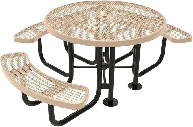 Heavy-Duty Portable Outdoor Picnic Table with Umbrella Hole, Expanded Metal Patio Dining Furniture Made in America (46" Round Top, Tan) by GreenHaven Gardens