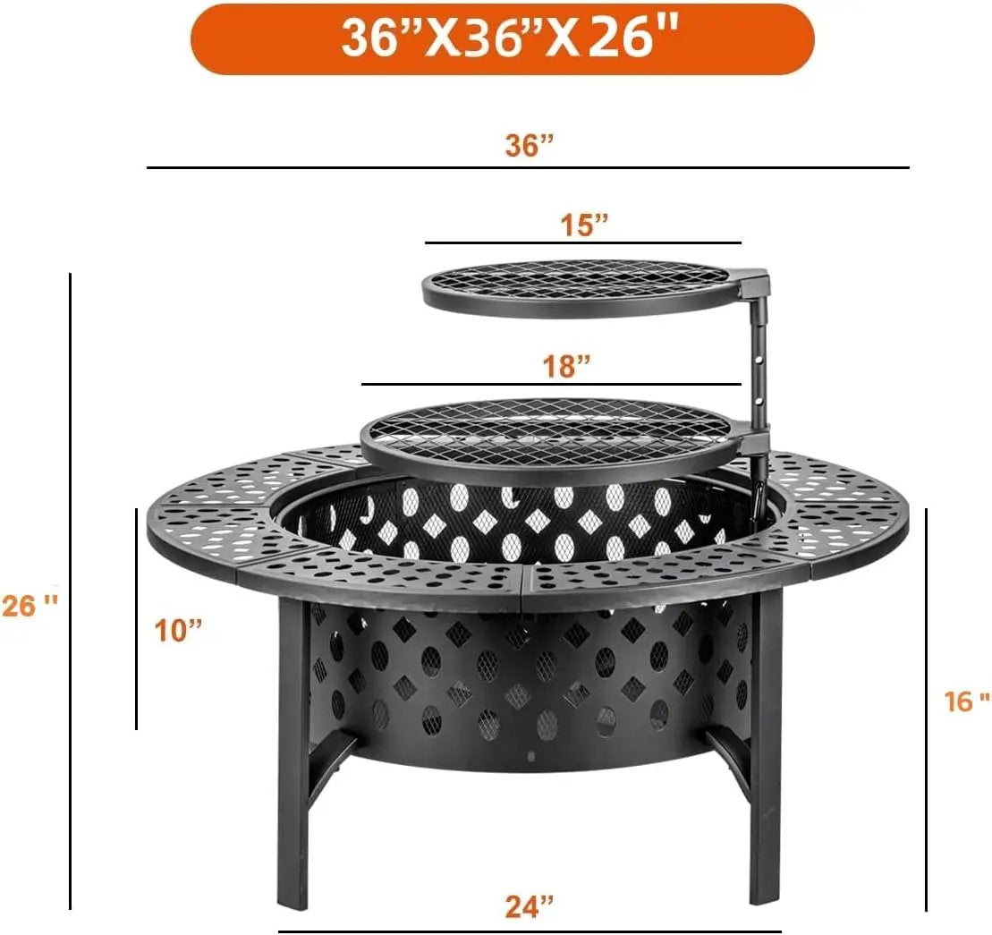 36 Inch Fire Pit with 2 Grills, Wood Burning Fire Pits for Outside with Lid, Poker and Round Waterproof Cover, BBQ& Outdoor Firepit & Round Metal Table 3 in 1 for Patio, Picnic, Party by GreenHaven Gardens
