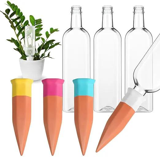 4 Pack Plant Watering Devices, Terracotta Self Watering Spikes with 25 oz Plastic Wine Bottles, Slow Release Plant Waterer Self Watering Planter for Vacation Indoor Outdoor Plant by GreenHaven Gardens