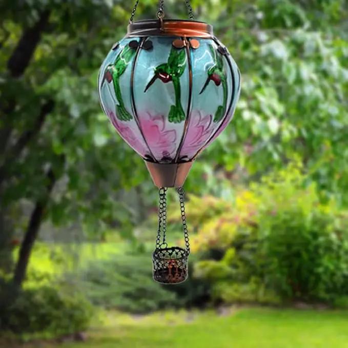 2PCS Solar Hot Air Balloon Lanterns with Flame Glass Hot Air Balloon Lights with 2PCS Shepherd's Hooks Waterproof Hanging Outdoor Solar Lantern for Yard Patio Christmas Decor (Hummingbird) by GreenHaven Gardens