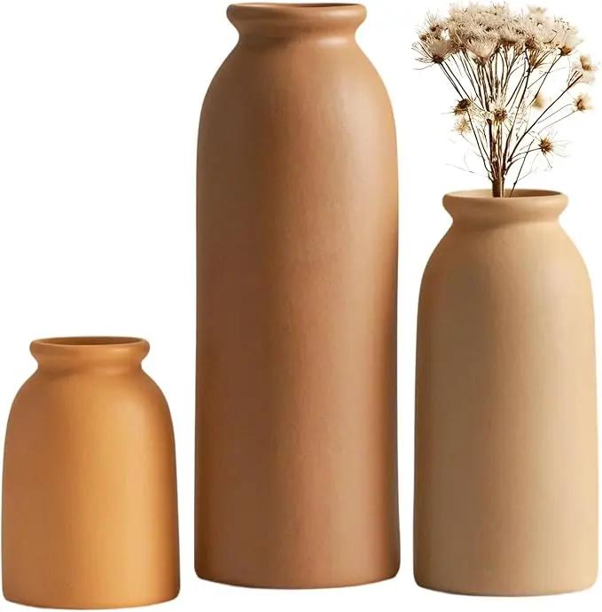 Ceramic Vase Set-3, Small Flower Vases for Decor, Modern Boho Farmhouse Style, Decorative Vases for Pampas Grass & Dried Flowers, Distressed Finish (Earth Tone) by GreenHaven Gardens