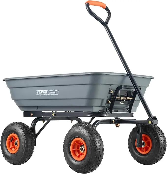 VEVOR 4 Cu.Ft. 600lbs Poly Garden Cart Dump Wagon, Heavy Duty 4 Wheel Wheelbarrow Yard Cart Dump Wagon with 10in All Terrain Wheels, Steel Frame and Quick Release System by GreenHaven Gardens