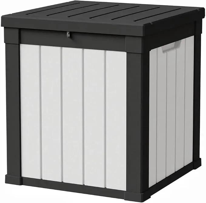 50 Gallon Storage Box, Waterproof Deck Box for Indoor & Outdoor Use, Lockable Pool Storage Bin for Package Delivery, Outdoor Bench for Patio Cushions, Garden Tools, Backyard, Black & White by GreenHaven Gardens