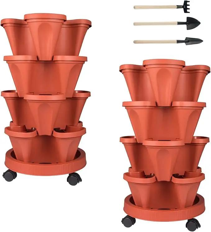 Vertical Planter 4 Tier Stackable Planters Garden Planters Strawberry Herb Flower and Vegetable Planter Indoor Outdoor Gardening Pots with Removable Wheels and Tools 2-Pack by GreenHaven Gardens
