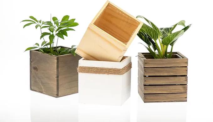 Wood Planter Box, 5 Inch Square, Rose Wood, Plastic Liner, Garden Centerpiece Display, Wedding Flowers Holder, Home and Venue Decor (5x5 Set of 4, Rose Wood) by GreenHaven Gardens
