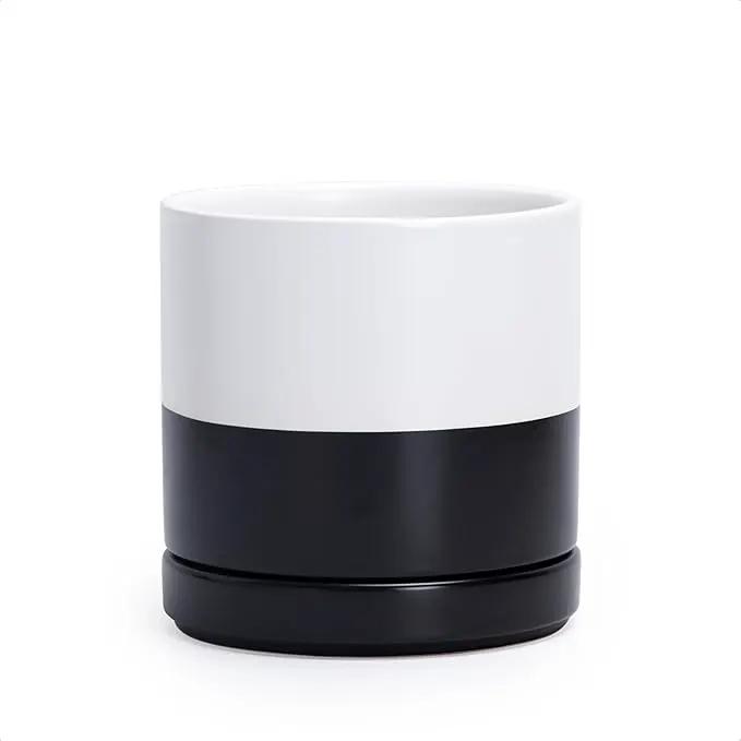 D'vine Dev 6.5 Inch Ceramic Planter Pot with Drainage Hole and Saucer, Indoor Cylinder Round Planter Pot, Layered Monochrome Black & White, 94-O-C-L by GreenHaven Gardens