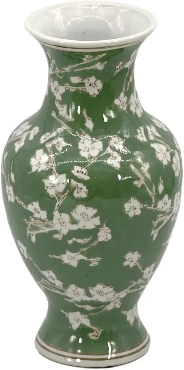 Galt International Floral Chinoiserie Ceramic Vase 14" - Green Sakura Hand Painted Antique Style Porcelain Flower Bottle Fishtail Porcelain Chinese Vase for Home Decor Centerpiece by GreenHaven Gardens