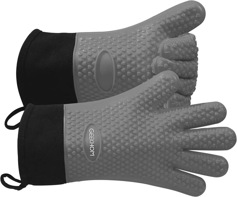 GEEKHOM BBQ Gloves Heat Resistant Oven Mitts - Silicone Grilling Gloves with 13.7" Arm Protection - Waterproof Pot Holder Non-Slip for Men & Women, Kitchen Outdoor Cooking, Baking, Camping, Light Gray by GreenHaven Gardens