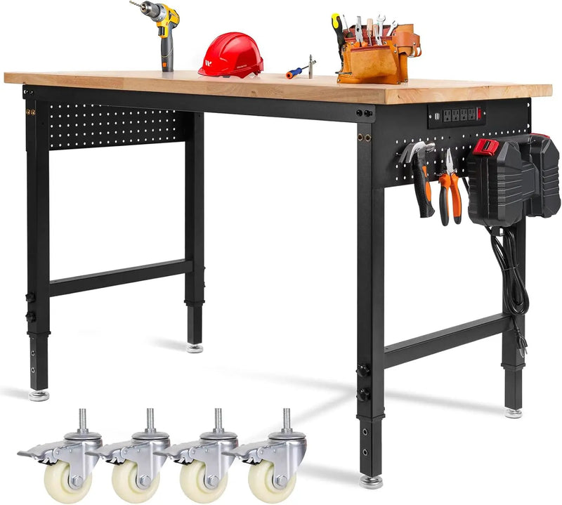 48" L×24”W Adjustable Workbench with Wheels, 28”-40”Height Heavy Duty Table 2000 LBS Load Capacity, Work Bench with Power Outlet & Pegboard, Rubber Wood Work Table for Garage, Office, Workshop by GreenHaven Gardens