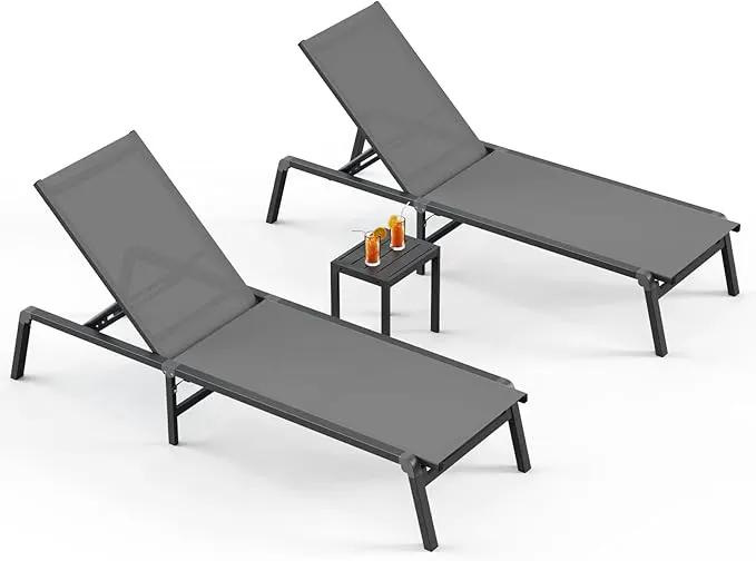 Pool Lounge Chairs Set of 3 (2 Chairs and 1 Side Table), Foldable Aluminum Chaise Lounge Outdoor with 5 Positions Recliner - Free Assembly - Patio Chaise Lounge Chair for Poolside, Yard by GreenHaven Gardens