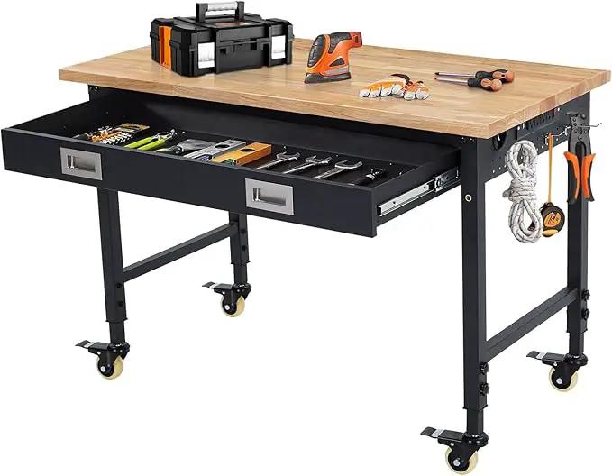 48x24 Inch Heavy-Duty Adjustable Workbench with Rubber Wood Top – 2000LB Capacity Mobile Garage Workstation with Drawer, Ideal for Workshop, DIY & Tool Storage by GreenHaven Gardens
