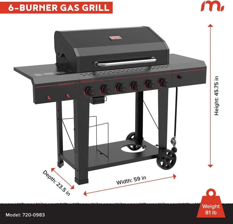 6-Burner Propane Barbecue Gas grill, Side Shelves With Hooks, for Camping, Outdoor Cooking, Patio, Garden Barbecue Grill, Open Cart With Side Tables, Black by GreenHaven Gardens