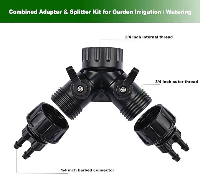 1/4 Inch Drip Irrigation Tubing to Faucet Adapter Connector, 2 Way Y Splitter for 3/4" Inch Garden Hose to 1/4 Inch Drip Irrigation Hose by GreenHaven Gardens