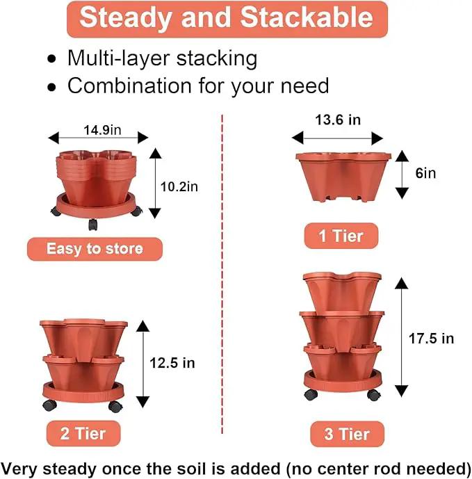 Vertical Planter 3 Tier Stackable Planters Garden Planters Strawberry Herb Flower and Vegetable Planter Indoor Outdoor Gardening Pots with Removable Wheels and Tools 2-Pack by GreenHaven Gardens