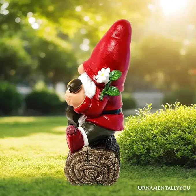 Hippy Gnome with Guitar Garden Statue, Unique Flowers and Peace Sign by GreenHaven Gardens