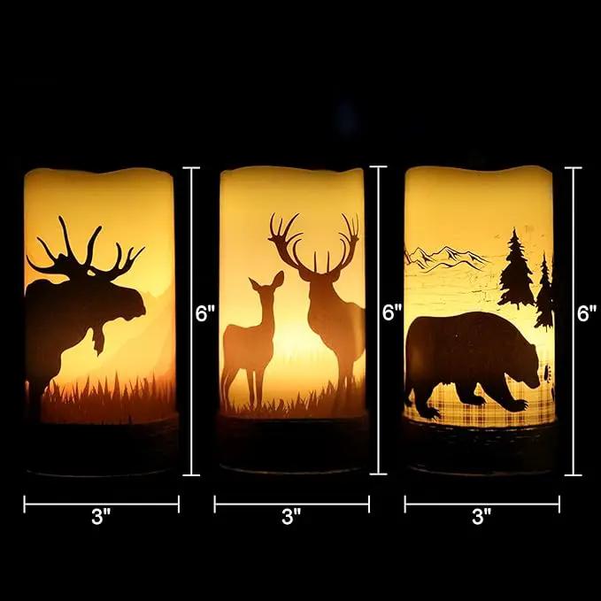 Flickering Flameless Candles with 6H Timer, LED Warm Light Pillar Candles Battery Operated Real Wax with Hemp Rope, Deer, Moose, Bear, Home Table Decoration for Wedding Party by GreenHaven Gardens