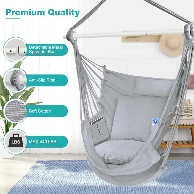 Outerman Hammock Chair, Hanging Chair with 3 Cushions and Foot Rest Support, Sturdy Metal Spreader Bar Max 440 Lbs, Swing Chair for Bedroom, Indoor & Outdoor, Patio, Porch or Tree（Gray） by GreenHaven Gardens