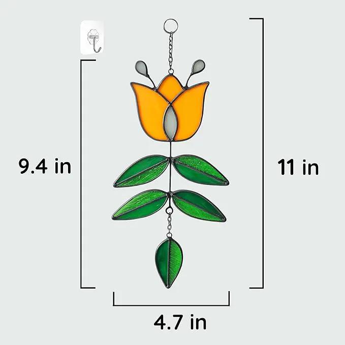 Tulip Stained Glass Suncatcher, Valentines Day Gifts, Folk Flower Stained Glass Window Hanging Sun Catcher, Retro Home Decor, Window Decorations for Plant Lovers, 9.4" x 4.7" by GreenHaven Gardens