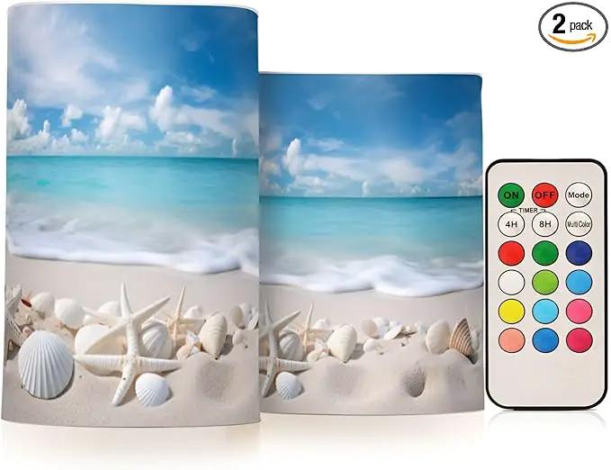 Flickering Flameless Candles, Starfishes Seashells Beach Blue Sky LED Candles with Remote Timer, Set of 2 Battery Operated Candle for Valentine Wedding Birthday by GreenHaven Gardens