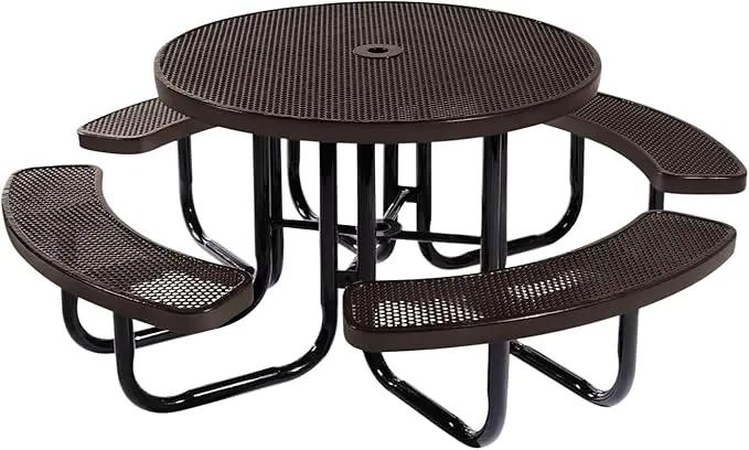 Heavy-Duty Portable Outdoor Picnic Table with Umbrella Hole, Punched Steel Commercial-Grade Patio Dining Furniture Made in America (46" Round Top, Brown) by GreenHaven Gardens
