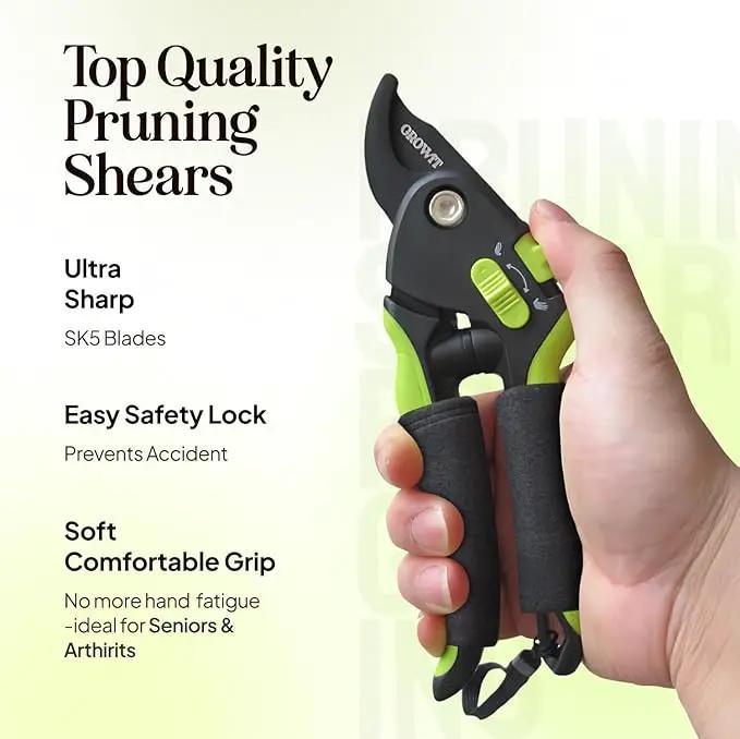 Soft Grip Pruning Shears for Weak & Arthritic Hands – Easy-Cut Garden Clippers with Comfort Handle Design by GreenHaven Gardens
