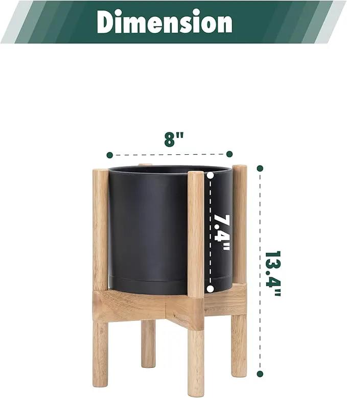 D'vine Dev Planter Pot with Stand - 8 Inch Plastic Cylinder Flower Pot with Wood Planter Holder for Indoor, Matte Black Pot + Natural Stand, 55-C-J-2 by GreenHaven Gardens