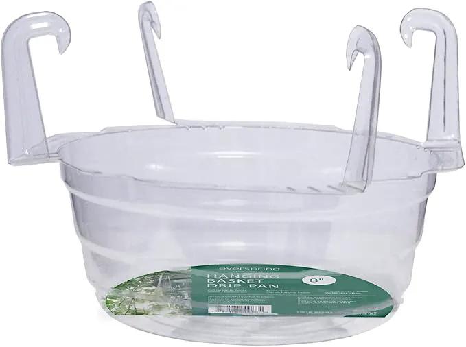 Curtis Wagner Plastics Hanging Basket Drip Pans (5-Pack) | Clear, Round (Diameter = 7.37" Base, 10" Top, 3.7" Depth) Hanging Plant Tray Saucer with Built-in Hooks & Water Catcher for Indoor & Outdoor by GreenHaven Gardens