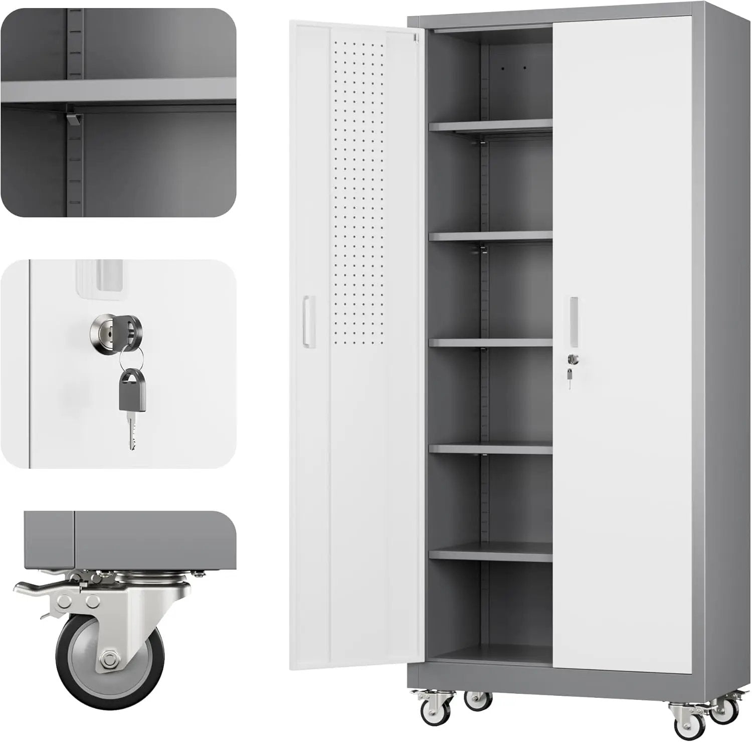 Metal Garage Storage Cabinet with Wheels & Pegboard, Lockable Metal Storage Cabinets with 2 Doors&5 Adjustable Shelves for Garage&Home,Assembly Required,Gray White 71''H x32''W x16''D by GreenHaven Gardens